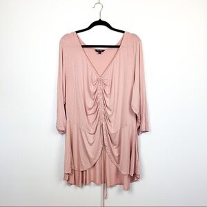Pink Long Sleeve Top with Ruched Front & V-Neck